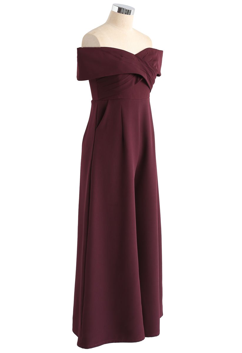 Eternal Sweet Cross Breast Off-shoulder Jumpsuit in Wine
