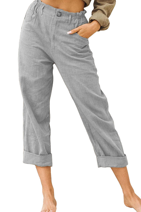 Color Cotton and Linen Fashionable Loose High Waist Pants