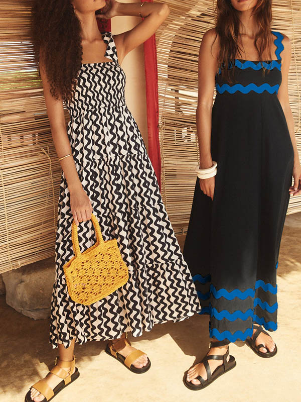 A-line High Waisted Contrast Color Zipper Square-neck Midi Dresses