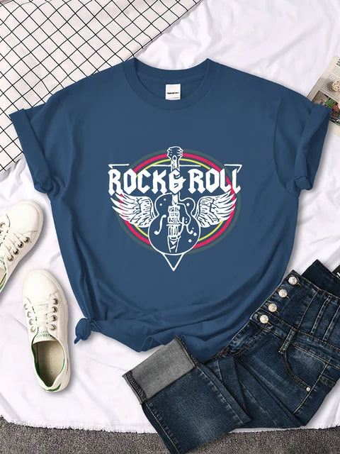 Rock Roll Electric Guitar Printed T-shirt Comfortable Tops Breathable Cool Short Sleeve O-neck Street Tee Clothing