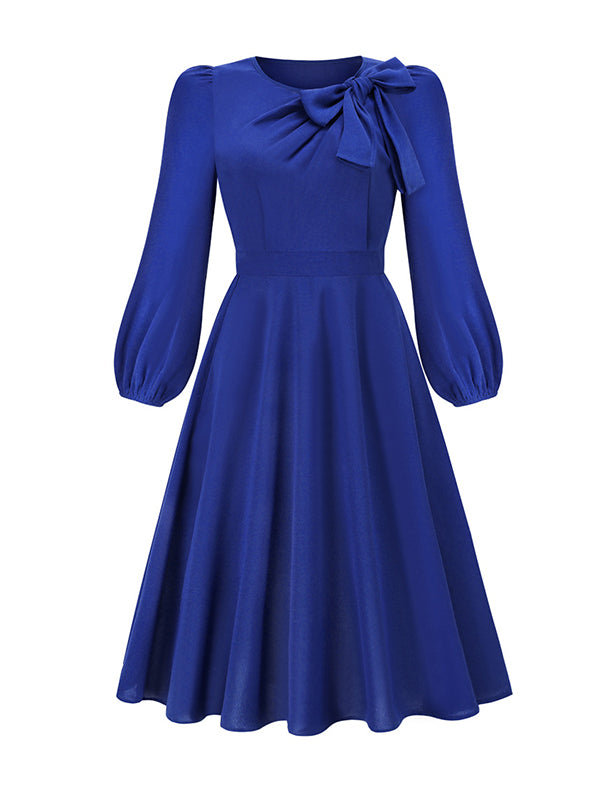 A-line Long Sleeves Asymmetric Bowknot Elasticity Color Round-neck Midi Dresses