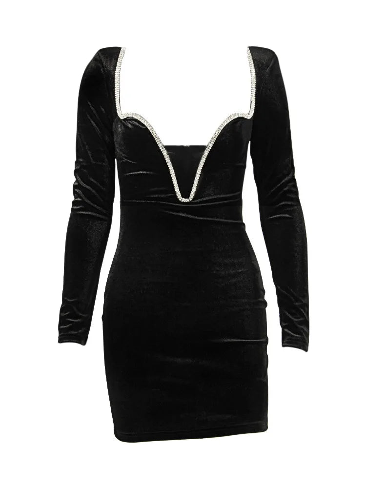 Deep V Wrapped Hip Velvet Backless ’s Dress Long Sleeve High Waist Temperament Mini Dress Party Club Clothing