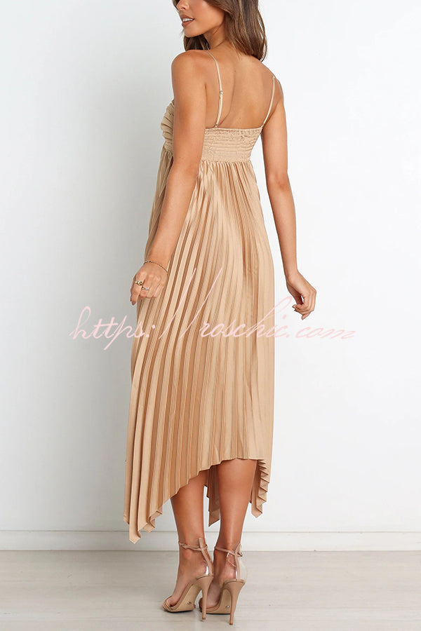 Color Suspender Pleated Irregular Midi Dress