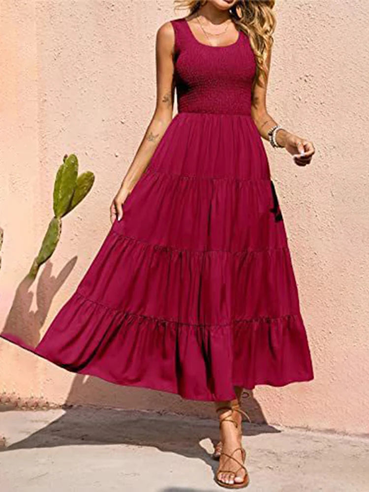 Dresses for Summer Sleeveless Color Long Dress Elastic Waist Beach Party Big Swing