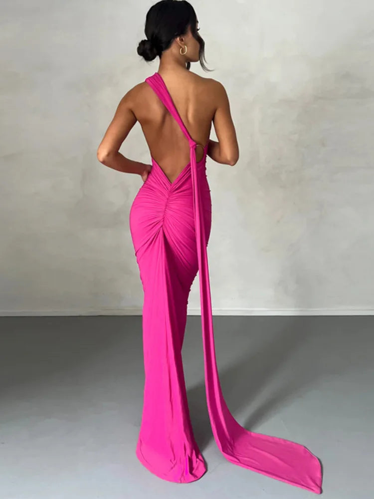 Oblique Shoulder Backless Maxi Dress for Gown Summer Back Strap Sleeveless Ruched Party Long Dress Vestidos