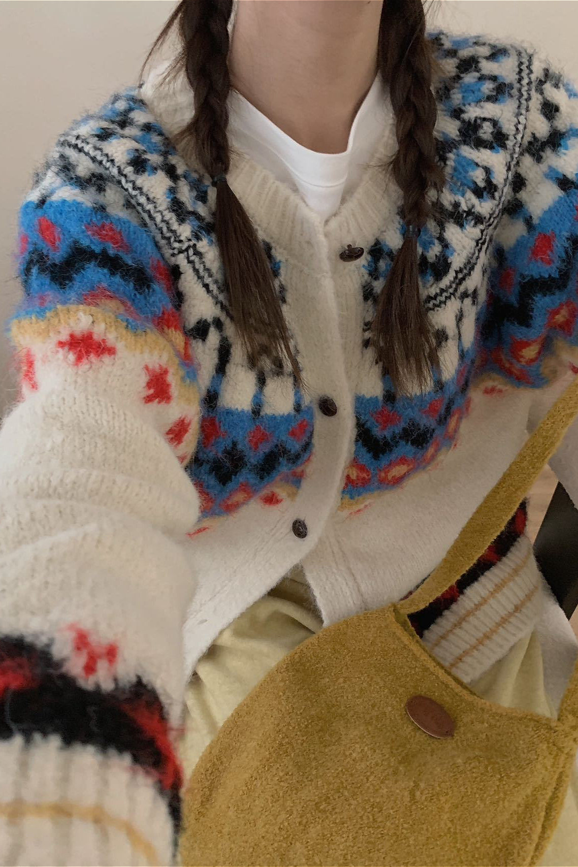 Fair Isle Jacquard Colorblock Knit Cardigan