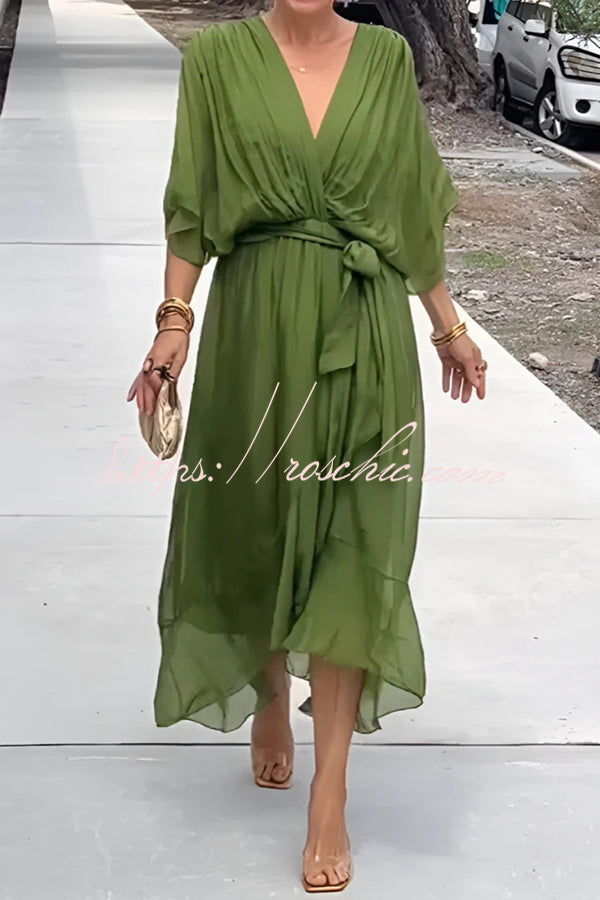 Color V-neck Bat Sleeve Lace-up Irregular Hem Midi Dress