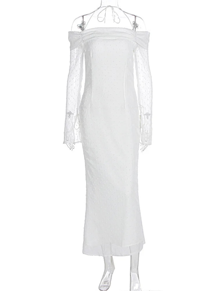 Mesh Backless Long Dress Female Lace-up High Waist Off-shoulder Slim Autumn Party Dress ’s