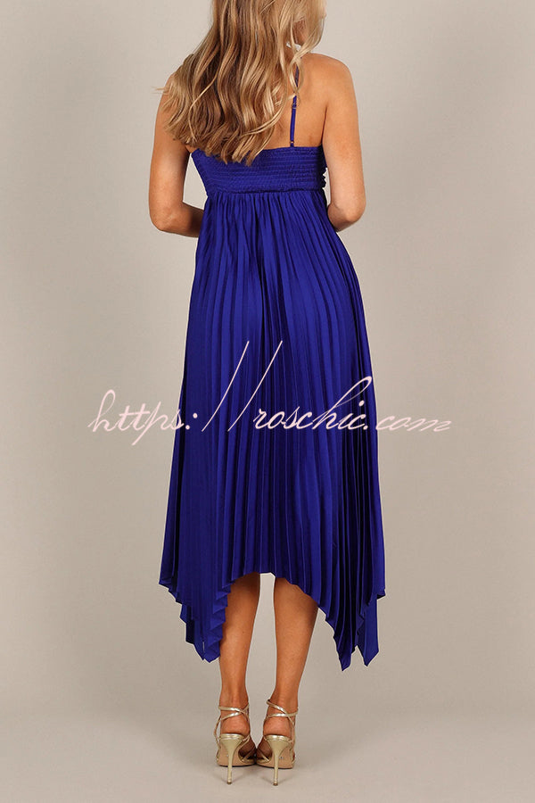 Color Suspender Pleated Irregular Midi Dress