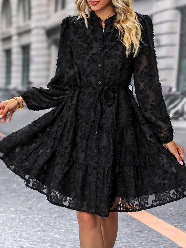 A-line Long Sleeves Buttoned Elasticity Jacquard Pleated Color Tied Waist Stand Collar Mini Dresses
