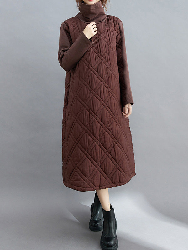 Simple Split-joint High-neck H-line Quilted Midi Dress