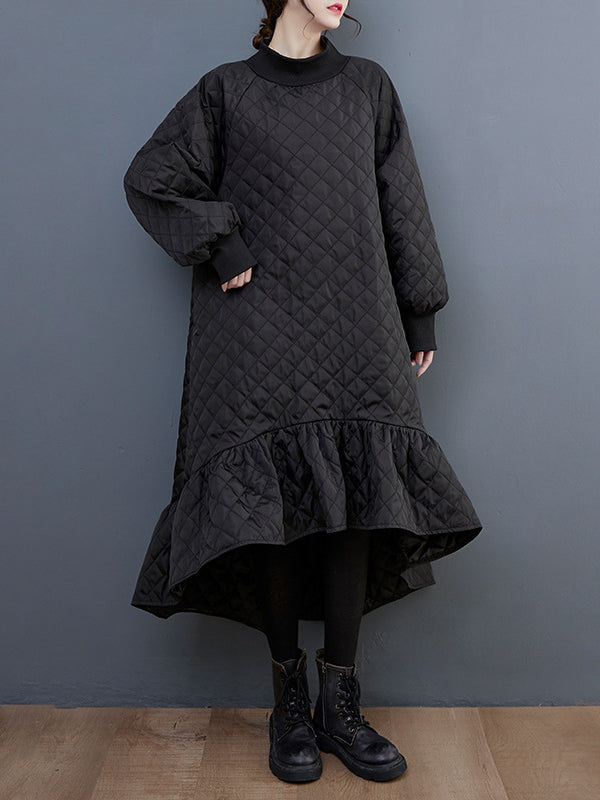 Long Sleeves A-line Rhombic Falbala High-neck Midi Dresses