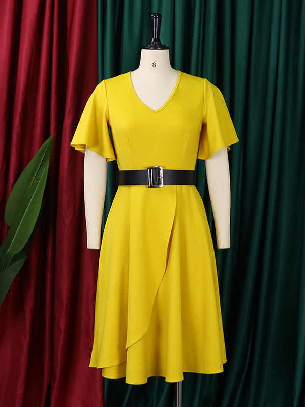 Irregular Clipping Belted Color Round-neck Midi Dresses