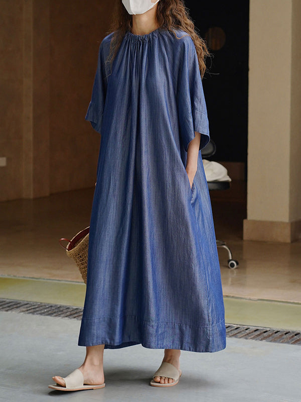 Loose Raglan Sleeve Drawstring Lace-up Pleated Color Round-neck Midi Dresses