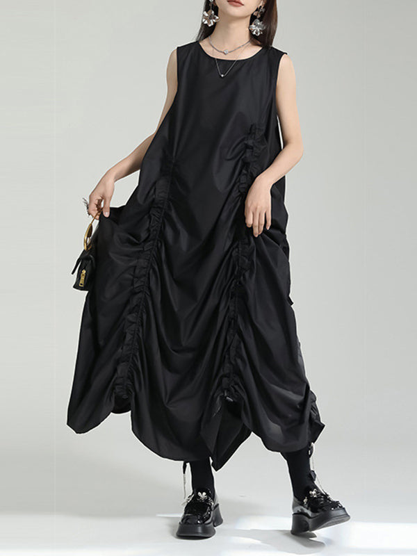 Loose Sleeveless Asymmetric Elasticity Pleated Color Round-neck Midi Dresses