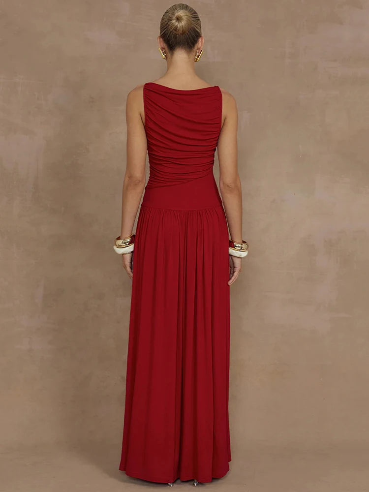 Sleeveless Maxi Dress for Boat Neck Tank Dresses Ruched Long Dress New Gown