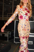 Dignified and Refined Charm Embroidered Applique Long Sleeve Fish Tail Midi Dress