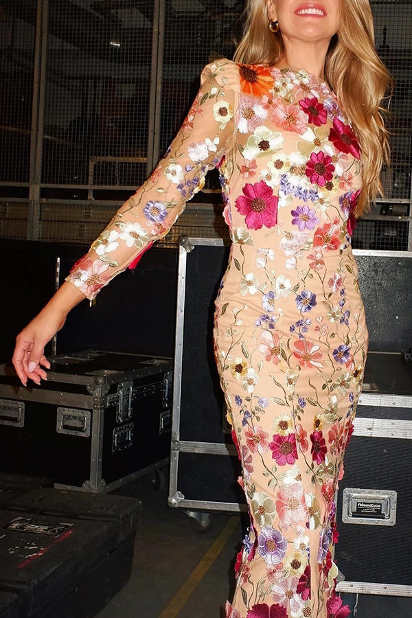 Dignified and Refined Charm Embroidered Applique Long Sleeve Fish Tail Midi Dress