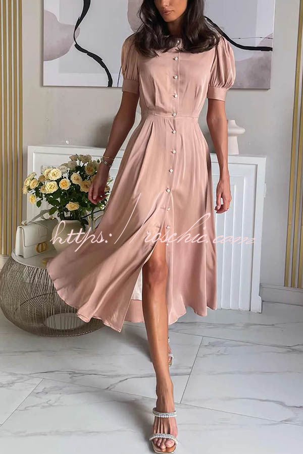 And Classy Vibe Puff Sleeve Pearl Button Slit Midi Dress
