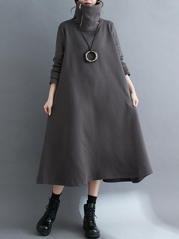 A-line Long Sleeves Asymmetric Color Zipper High Neck Midi Dresses