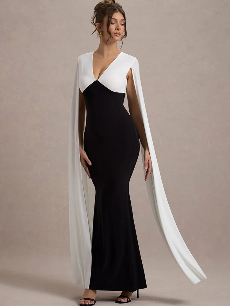 Patchwork Sleeveless Ribbon Bodycon Party Evening Dress Winter V-neck Tight Long Dress Vestido