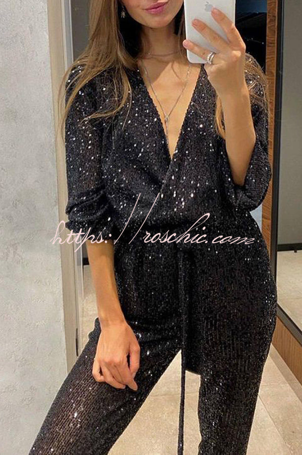 Cheers to You Sequin Long Sleeve Belted Wrap Loose Jumpsuit
