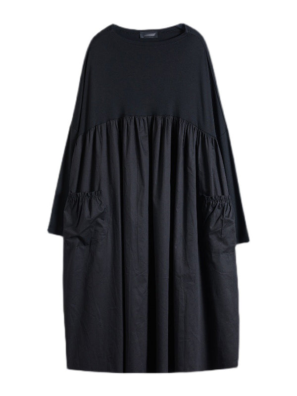 Simple Loose Black Split-joint Long Sleeves Midi Dress