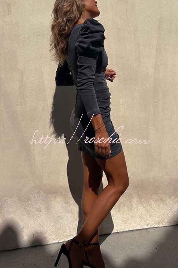 All the Best Denim Puff Sleeve Ruched Stretch Mini Dress
