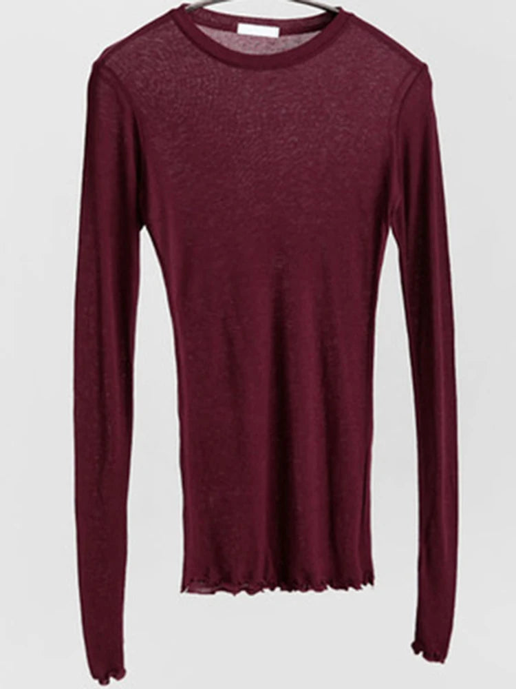 Plain T Shirt Cotton Elastic Basic T-shirts Female Tops Long Sleeve Thin T-shirt See Through