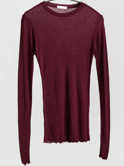 Plain T Shirt Cotton Elastic Basic T-shirts Female Tops Long Sleeve Thin T-shirt See Through