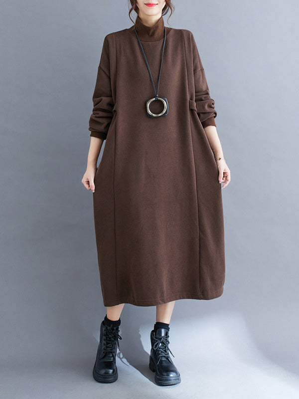 A-line Long Sleeves Color Mock Neck Midi Dresses