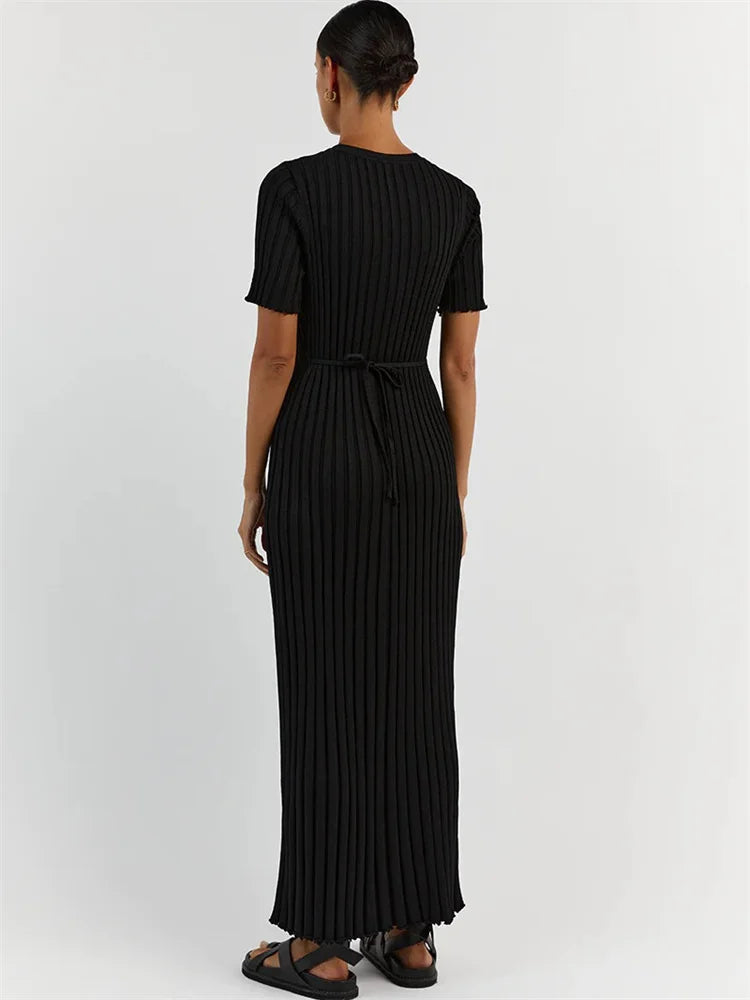 Ribbed Short Sleeve Maxi Dress Knitwear Lace-up High Waist Patchwork Dress Autumn Female Knit Dress New