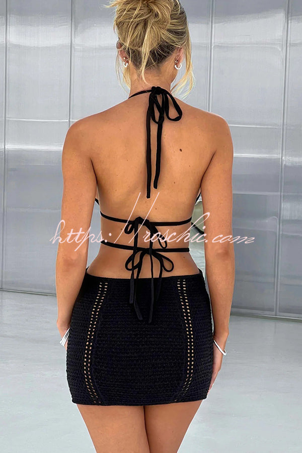 Effortlessly Cool and Knit Crochet Cutout Halter Tie-up Stretch Mini Dress