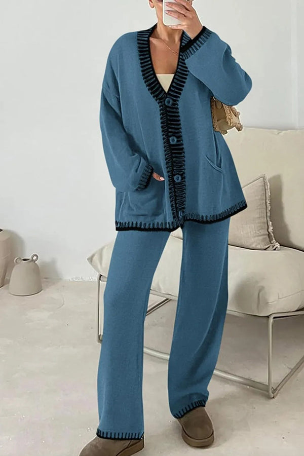 Knitted Long Sleeve Pocket Cardigan and Elastic Waist Loose Wide Leg Pants Set