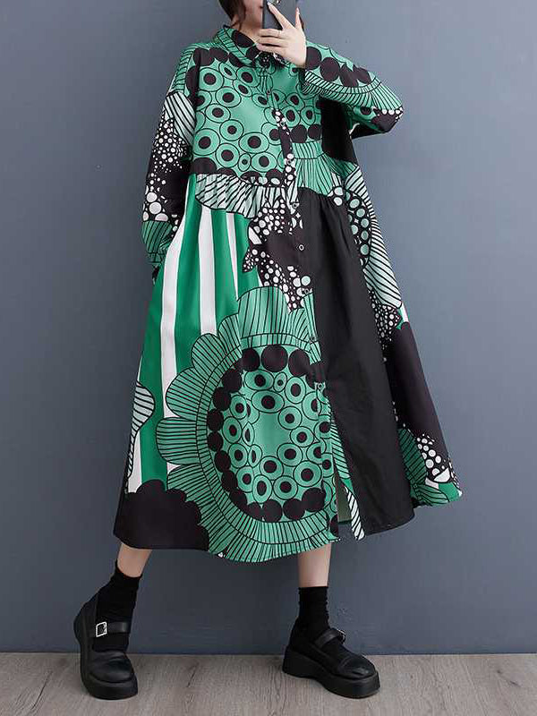 A-line Long Sleeves Asymmetric Buttoned Printed Split-joint Lapel Midi Dresses Shirt Dress