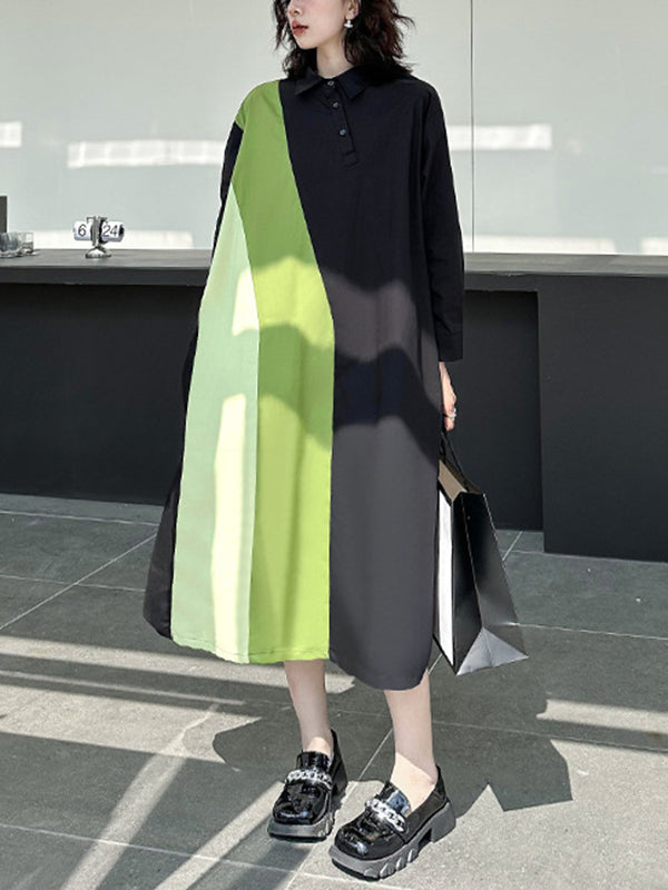Long Sleeves Loose Asymmetric Buttoned Contrast Color Split-joint Lapel Midi Dresses Shirt Dress