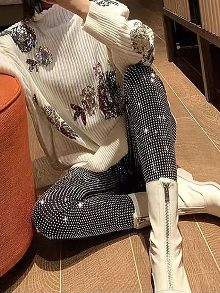 Sparkly Crystal Pants Leggings Autumn Winter High Waist Elastic Bodycon Long Penci Pant Y2k Pants Tights