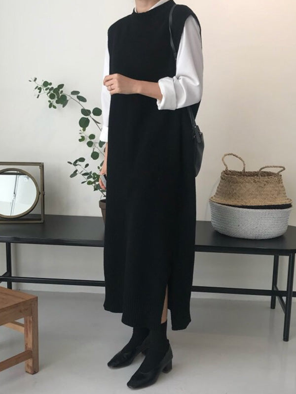 Urban Loose Sleeveless Color Round-neck Midi Dresses Sweater Dresses