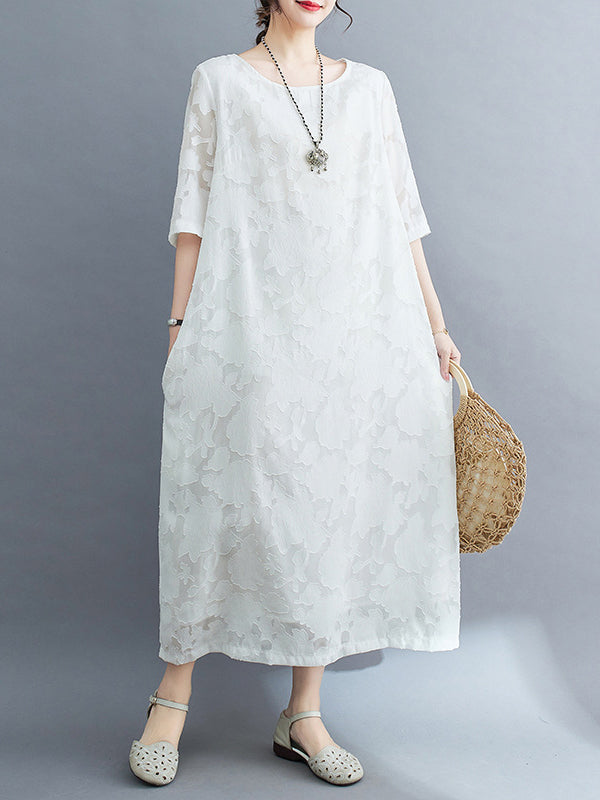 Loose Three-quarter Sleeves Jacquard See-through Color Round-neck Midi Dresses