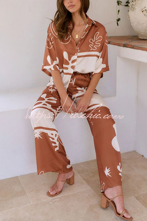 The Beach Unique Color Block Print Button Up Shirt and Elastic Waist Pants Set