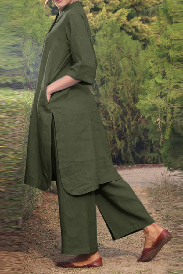 Cotton and Linen V-neck 3/4 Sleeve Wide Brimmed Pants 2-piece Set