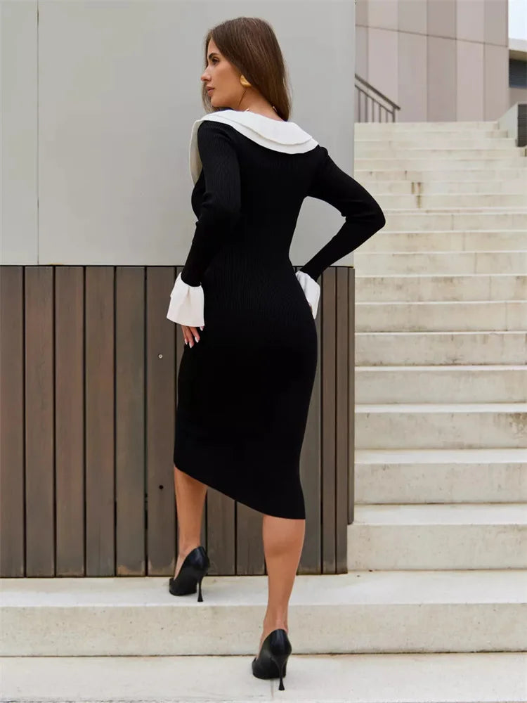 Knit Patchwork Long Dress ’s Ruffled Slim Contrast Ribbed Party Dress Knitwear Autumn Maxi Dress New