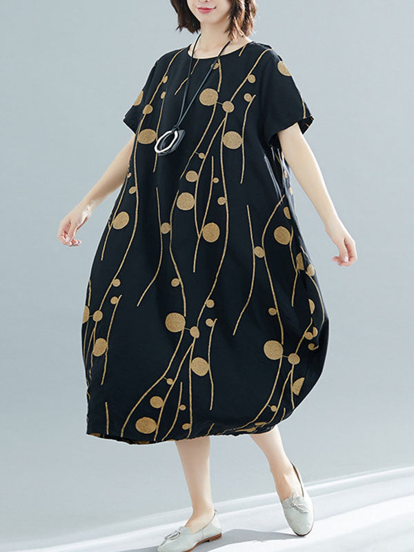 Loose Short Sleeves Printed Round-neck Midi Dresses