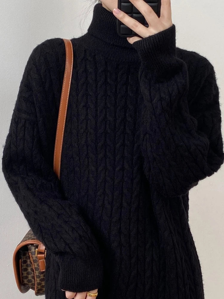 Knitted Long Dress Loose Long Sleeve Turtleneck Pullover Femme Retro Warm Sweater Knitwear Cover Up