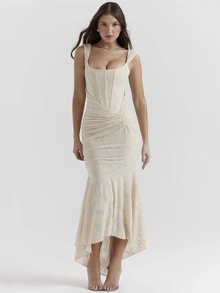 Backless Pleated Maxi Dress for Off-shoulder Spaghetti Strap Sleeveless Bodycon Club Party Dress