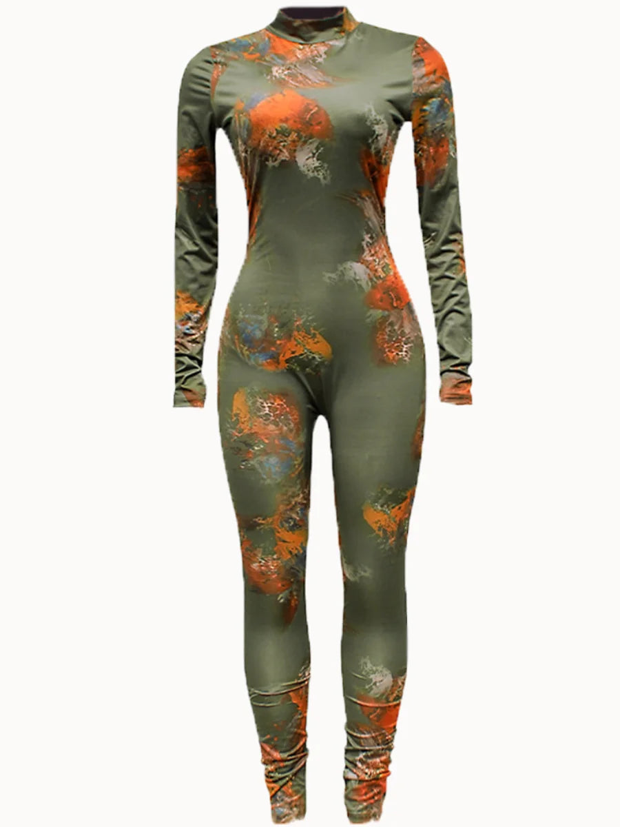 Sxy Graffiti Print Backless Skinny Jumpsuit Spring Round Neck Long Sleeve One Pieces Jumpsuits Outfit for