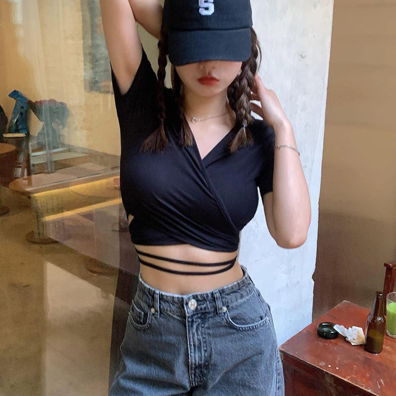 Summer Tee Tops T Shirts V-neck Cropped Top Cross Tie-up Harajuku Basic Korean Street T-shirts Mujer Y2k