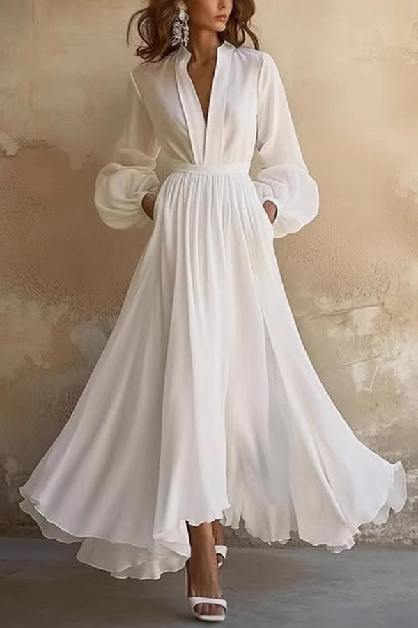 Color V-neck Long Sleeve Waist Midi Dress