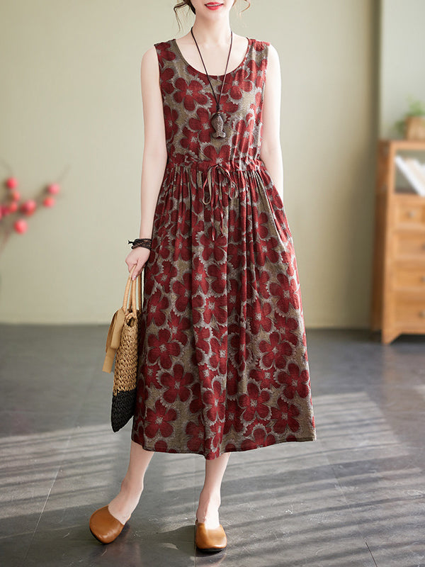 Loose Oversize Drawstring Printed Round-neck Midi Dresses