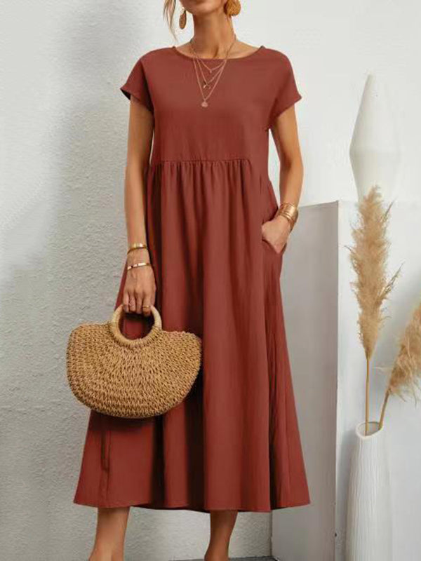 Loose Short Sleeves Pleated Color Round-neck Midi Dresses
